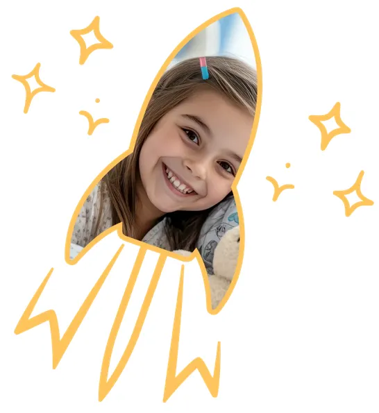 smiling girl surrounded by a rocketship