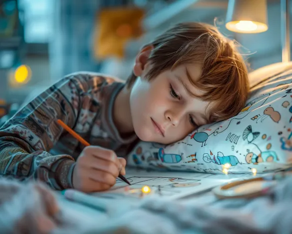 boy laying on a bed sheet drawing