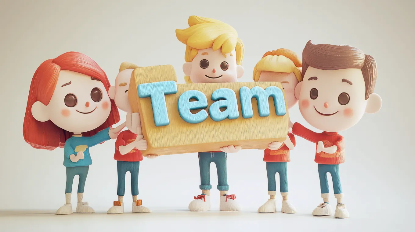 cartoon figures holding up a team sign