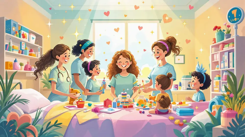 colorful cartoon image of a family around a hospital bed