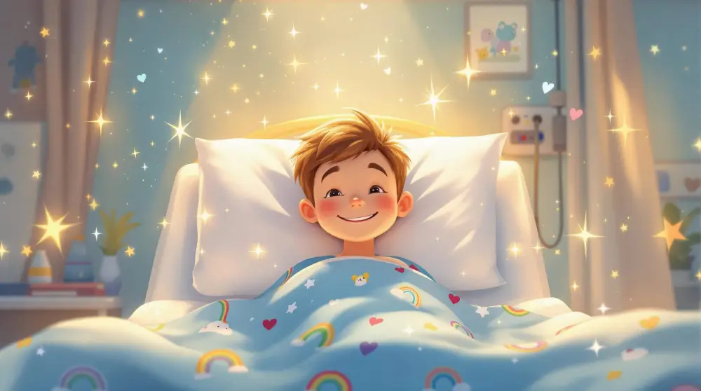 colorfull cartoon image of a boy in a hospital bed